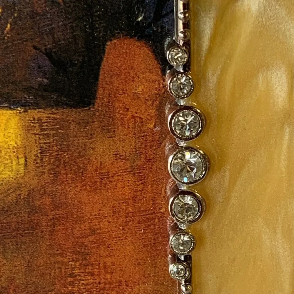 Yellow Gold Enamel Picture Frame Silver Beaded Border Rhinestones 5x7 Adobe